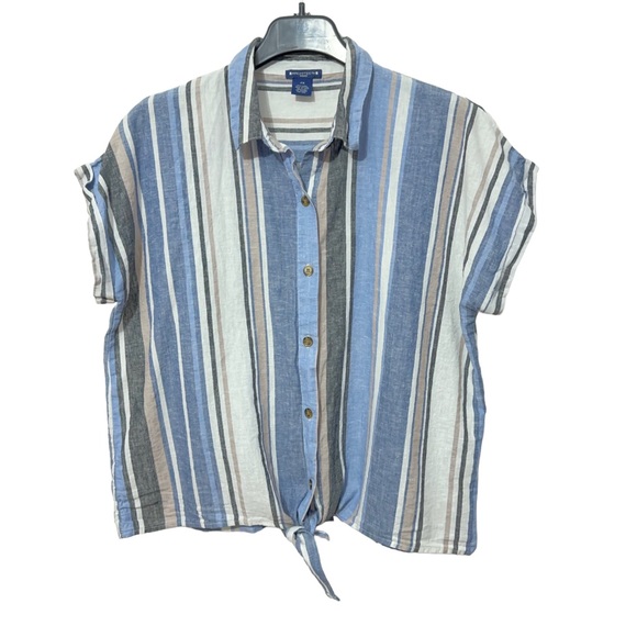 Architect Womens Linen Striped Tie Front Button Down Shirt - Picture 1 of 5